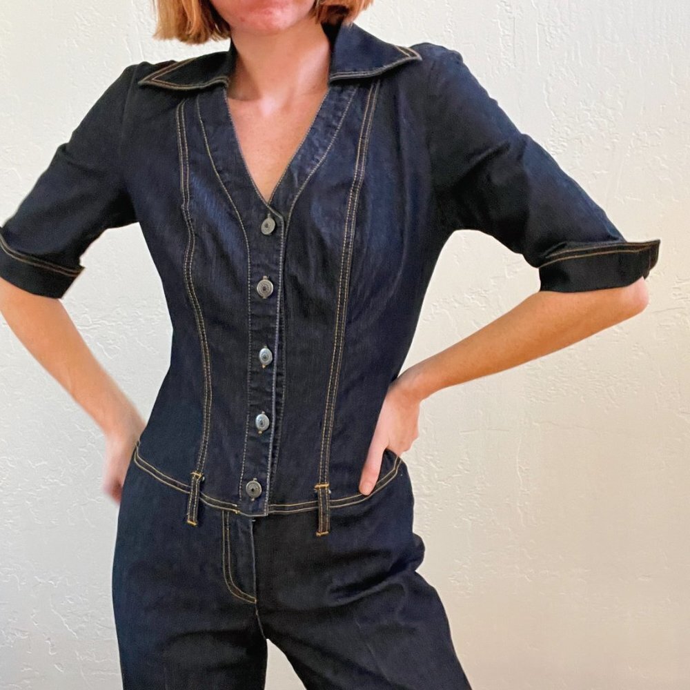 Y2K Dark Denim Cuffed Wide Leg Button Up Jumpsuit - Picture 3 of 6